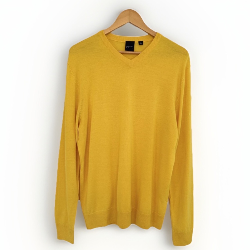 Dunning Golf Sweater Mens L Yellow‎ V Neck 100% Merino Wool Embroidered Pullover